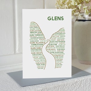 Glens-wenskaart met Glen Coe, Glen Etive en de Great Glen. Ontworpen en gedrukt in Schotland op gerecycled karton, plasticvrij