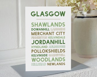 Glasgow greetings card - Scottish gift, local areas, Glasgow neighborhoods, made in Scotland, contemporary Scottish design