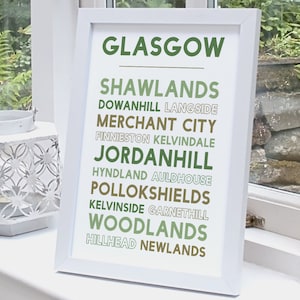 Glasgow print featuring local areas including Shawlands Woodlands and Jordanhill. Designed & printed in Scotland with plastic free packaging