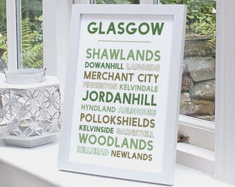 Impression de Glasgow mettant en vedette des régions locales, y compris Shawlands Woodlands et Jordanhill. Conçu et imprimé en Écosse avec un emballage sans plastique