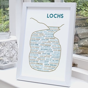 Stampa Scottish Lochs, arredamento per la casa per gli amanti del nuoto selvaggio, della vela e della pesca. Con Loch Ness, Loch Tay, Loch Lomond, made in Scotland