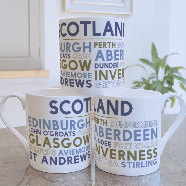 Scotland bone china mug featuring Scottish towns and cities, including Edinburgh Glasgow and Aberdeen. Scottish gift printed in Scotland