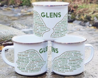 Glens Enamel Mug - Scottish gift for hikers designed and printed in Scotland