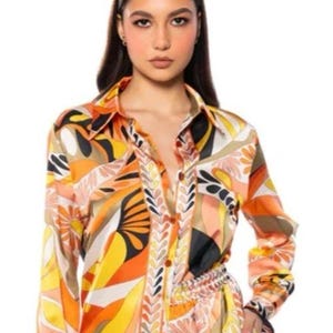 ZARA Women’s Blouse – Size XS – Black & Orange 70s Funky Retro Print Top, Boho Chic Long Sleeve Shirt