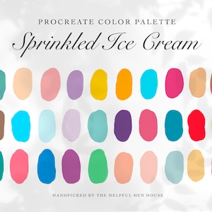 May include: A color palette of 18 different shades of color, arranged in three rows of six. The colors are a mix of pastel and bright hues, including teal, peach, lavender, yellow, and red. The title "Sprinkled Ice Cream" is at the top of the image, and the text "Handpicked by the Helpful Hen House" is at the bottom.