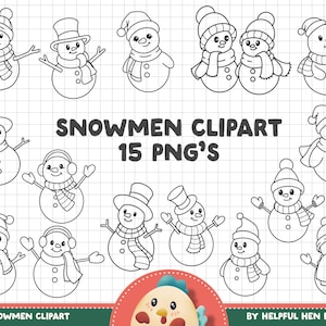 15 handgetekende sneeuwpop-clipart png | Zwart-wit winter illustraties | Digitale stempels om te knutselen en in te kleuren | Vakantie- en kerstclipart