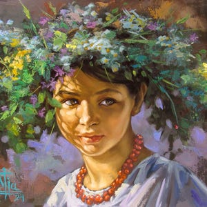 Niña ucraniana con una corona de flores. Pintura al óleo original sobre cartón. Una joven encantadora de ojos azul aciano. Aroma de cálido verano.