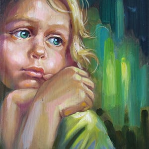 Pintura a óleo original sobre papelão - Sonhos de menina - Uma jovem de olhos azuis sonha com seu destino e futuro, Retrato, Realismo Rembrandt
