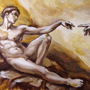 Pintura al óleo sobre cartón - La creación de Adán - Un joven desnudo contra el fondo de rocas y cielo extiende su mano hacia Dios.