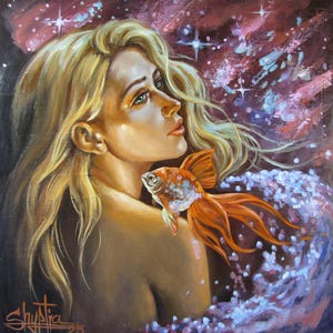 Pintura a óleo original sobre papelão - Peixinho Dourado - O rosto encantador de uma menina sonhadora. Universo infinito de desejos. Magia, realização de desejos.