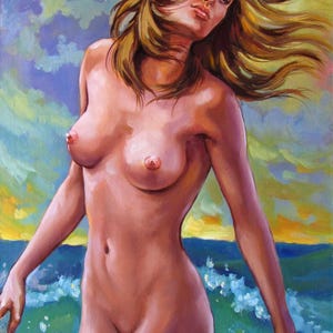 Peinture à l'huile originale sur carton - Tempête - Jeune fille nue sur fond de mer agitée, vagues passionnées, désirs sauvages, émotions