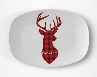 Deer Buffalo Plaid Platter | Christmas | Gift Idea | Personalized | Dishwasher Safe | Oven Safe | Microwave Safe | DecoWare®