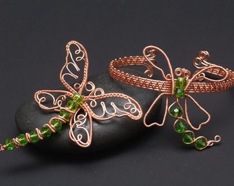 Copper Dragonfly pendant and bracelet set