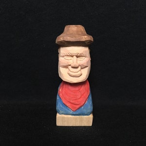 WoodCarving of a Cowboy - Original Cowboy Bust Wood Western Theme Handkerchief Rancher