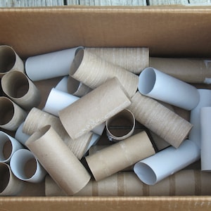 May include: A cardboard box filled with a variety of empty toilet paper rolls. The rolls are both brown and white, and some are slightly crushed.