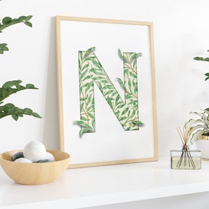 Gerahmt Buchstabe N, William Morris Willow Bough, Poster Print, Initial Wandkunst, Initialdruck N