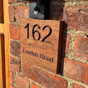 Personalized Square French Oak House Sign - Custom Engraved Outdoor Wooden Address Plaque, Modern House Number Carved