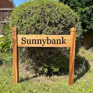 Custom Carved French Oak House Sign with Free-Standing Posts - Personalized Wooden Plaque for Business Entrances Hardwood Outdoor Engraved
