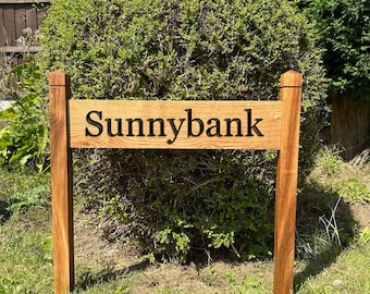 Custom Carved French Oak House Sign with Posts: Personalized Outdoor Plaque