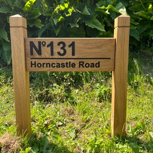 Free Standing Sign with posts, carved, personalised custom engraved wooden plaque, upright standing solid oak engraved  business logo sign