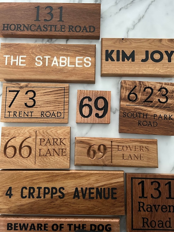 Personalized French Oak Wood Sign: Engraved House Number Plaque