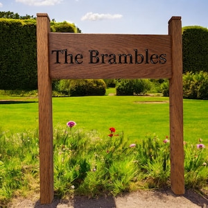 Double Sided Custom Engraved Wooden House Sign - Personalized Oak Plaque with Posts - Free Standing Entrance Sign Personalised Address