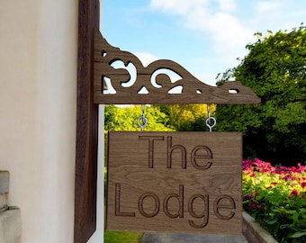 Personalized French Oak Hanging Sign & Bracket: Carved Wooden Address Plaque