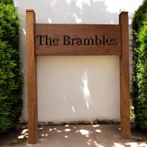 Custom Carved French Oak Double Sided House Sign with Free-Standing Posts - Personalized Wooden Plaque for  Hardwood Outdoor Engraved