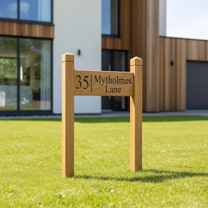 Personalised Oak Post Address Sign Custom Wooden House Number & Street Name Garden Sign Outdoor