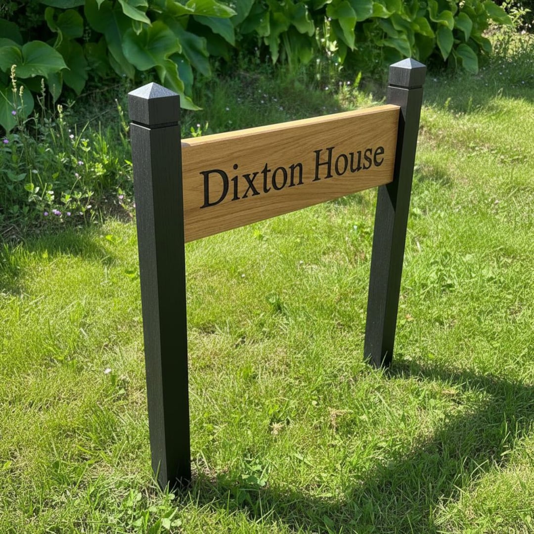 Oak Sign Postscript Oak House Name Sign With Black Posts Personalised Wooden Garden Sign ...