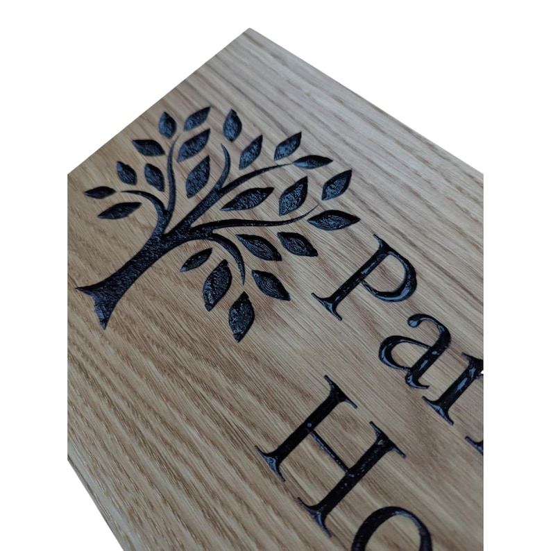 Carved French Oak House Sign Personalised Wooden Name Plaque with Tree Design Outdoor Oak Sign image 2