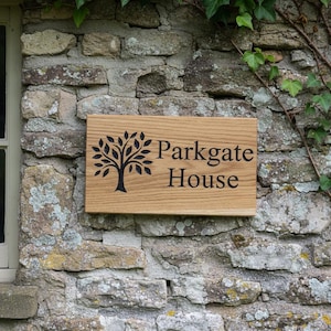 Carved French Oak House Sign Personalised Wooden Name Plaque with Tree Design Outdoor Oak Sign image 1