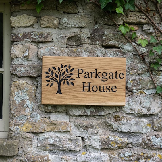 Carved French Oak House Sign Personalised Wooden Name Plaque with Tree Design Outdoor Oak Sign