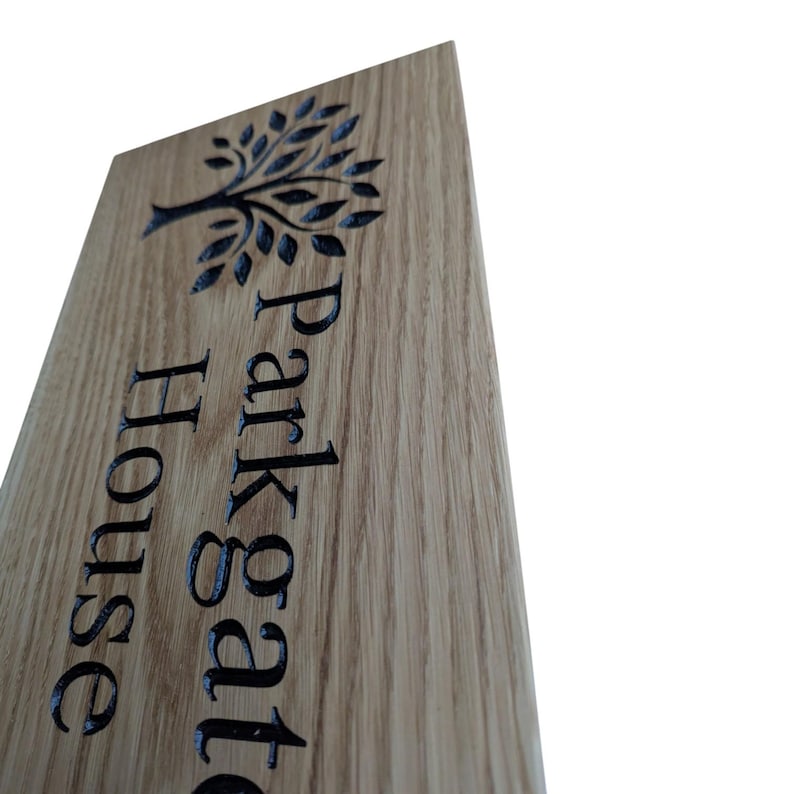 Carved French Oak House Sign Personalised Wooden Name Plaque with Tree Design Outdoor Oak Sign image 7