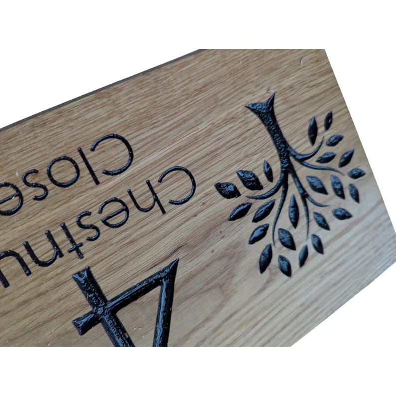 Carved French Oak House Sign Personalised Wooden Name Plaque with Tree Design Outdoor Oak Sign image 5