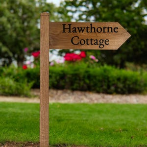 French Oak House Sign Custom Carved Wooden Direction Sign Free standing, Oak Plaque with Post - Free Standing Entrance Sign Personalised