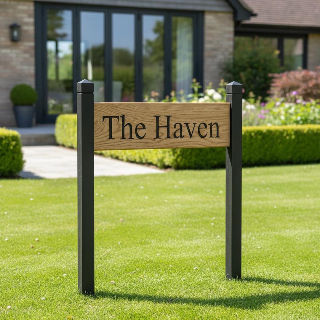 Oak Sign Postscript Personalised Oak Post Sign With Black Posts Custom Wooden House Name ...