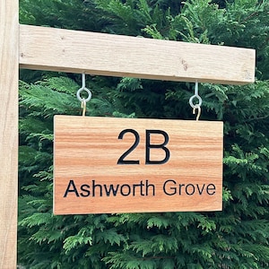 Personalised French Oak Swinging Hanging House Sign Number, Carved, Custom Engraved Outdoor Wooden Name Plaque Address Sign Wood sign