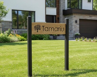 Personalised Oak House Sign with Logo & Black Posts Custom Wooden Garden Sign Luxury Outdoor Name Plaque