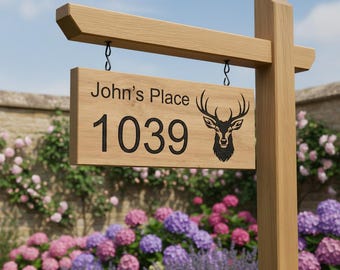 Personalised French Oak Hanging House Sign - Custom Carved Outdoor Address & Name Plaque