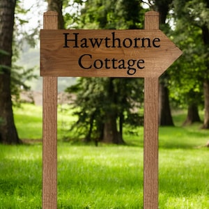 French Oak House Sign Custom Carved Wooden Direction Sign Free standing, Oak Plaque with Posts - Free Standing Entrance Sign Personalised