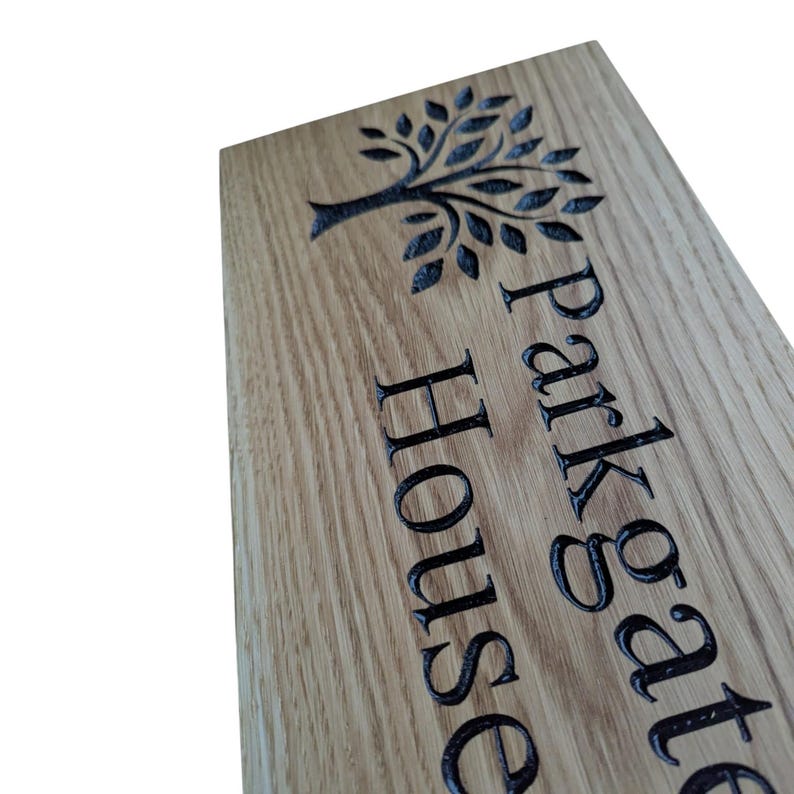 Carved French Oak House Sign Personalised Wooden Name Plaque with Tree Design Outdoor Oak Sign image 6