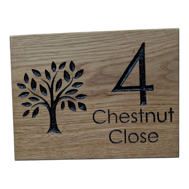 Carved French Oak House Sign Personalised Wooden Name Plaque with Tree Design Outdoor Oak Sign image 3