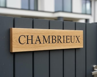 Modern Carved French Oak House Sign – Personalised Wooden Address Plaque, Contemporary Outdoor Gate Sign