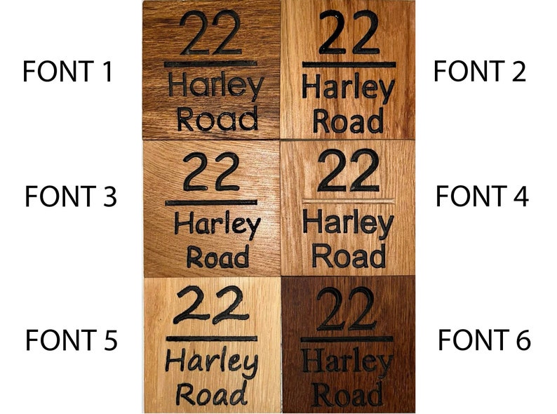 May include: Six different font styles for house numbers and street names. Each style is shown on a wooden sign with the text "22 Harley Road".