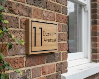 Modern Carved French Oak Address Sign Personalised House Number and Street Name Wooden Plaque