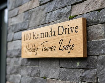 Letrero de dirección personalizado de roble, placa de madera con nombre y número de casa, letrero de pared exterior.