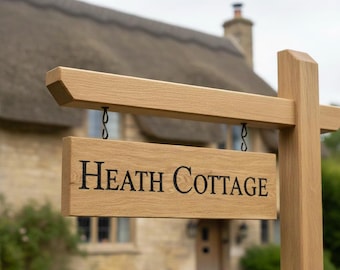 Personalised Oak Hanging House Sign Custom Wooden Name Sign with Hooks Outdoor Garden Sign (Sign Only)