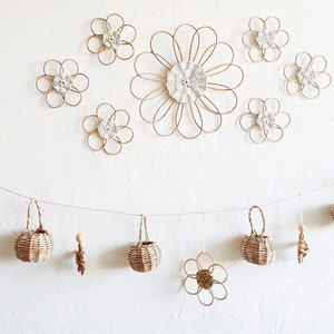Wicker Flower Basket Wall Decor Set: Boho Kids Room Hanging Daisies