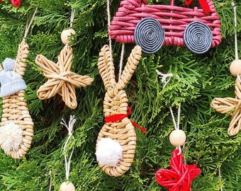 Christmas decorations Christmas decor Christmas toys Handmade toys Set of 13 pcs Wicker Hares Wicker Deer Wicker Christmas Car Wicker Stars